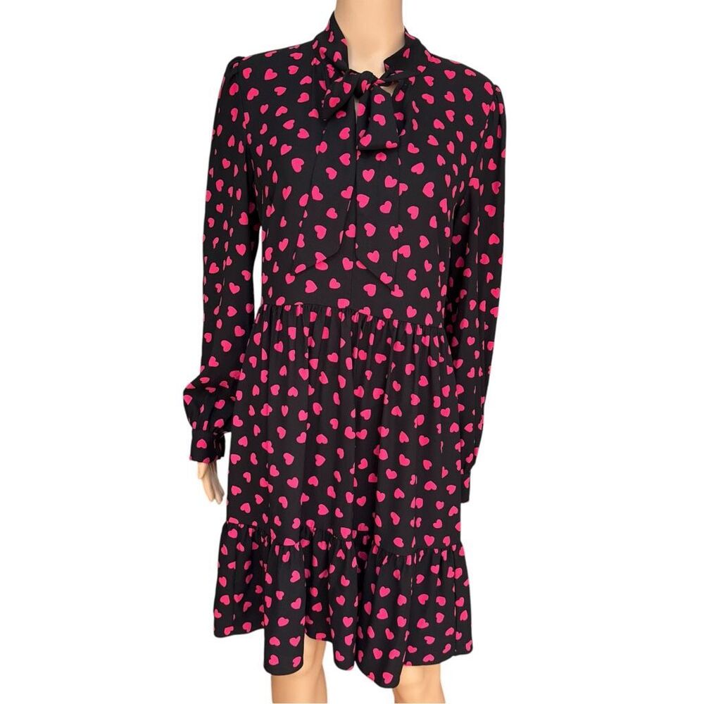 Kate Spade New York Black Pink Heart Print Tie Neck Tiered Dress Size 10